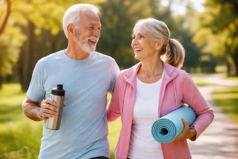 Smiling senior couple walking together in a sunny park